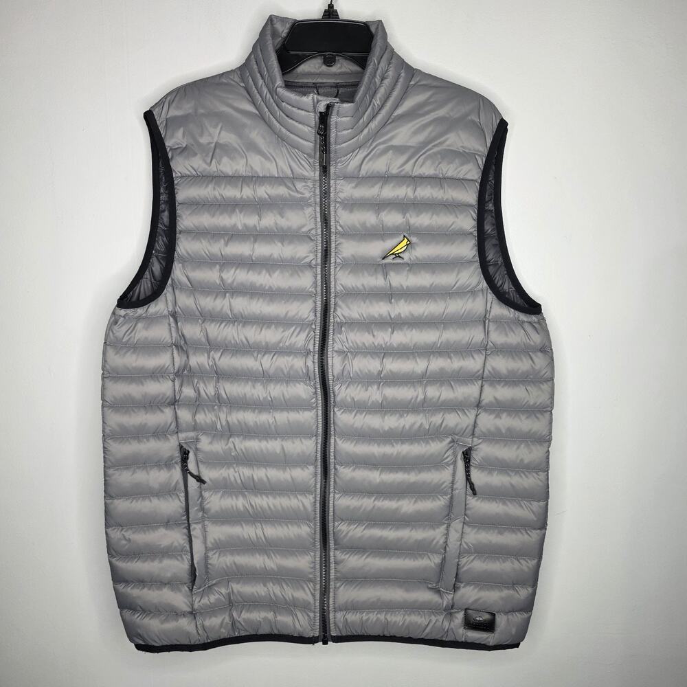 Roots73 Mens Large Gray Full Zip Up Puffer Vest Down Yellow Bird Embroidered